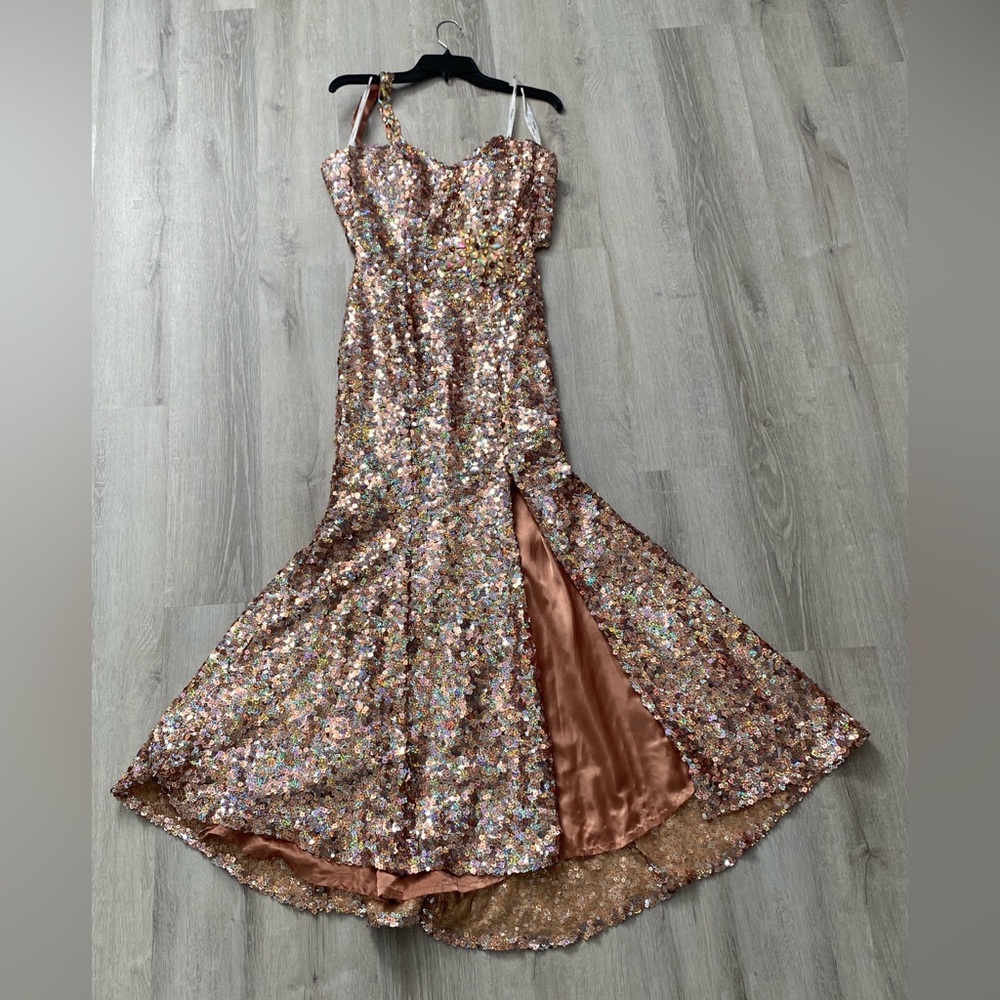 Rose gold sequin one shoulder dress